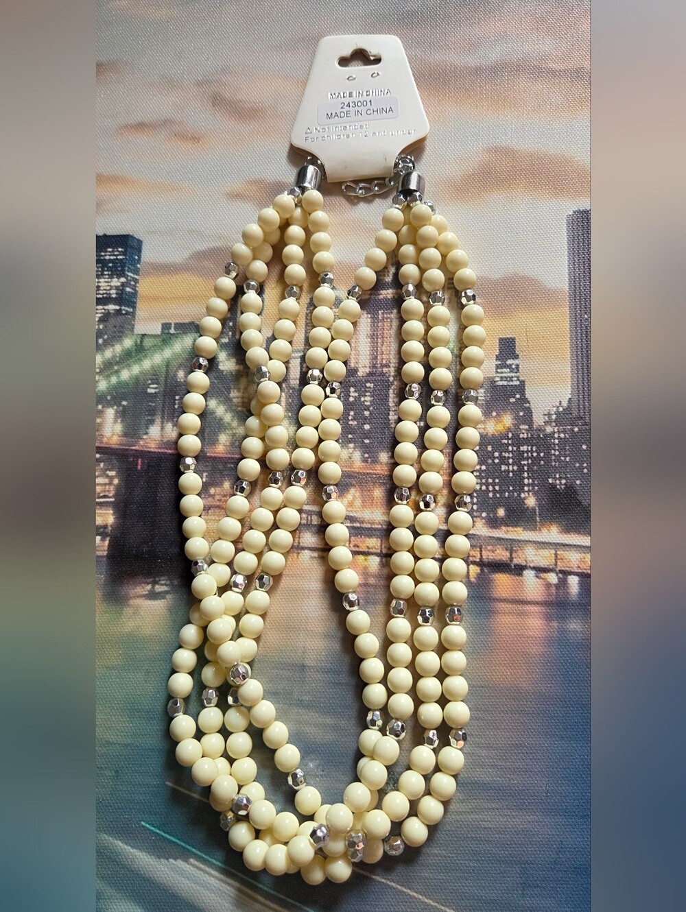 RoRo Cream Multi-Strand Beaded Necklace with Silver Accents NWT